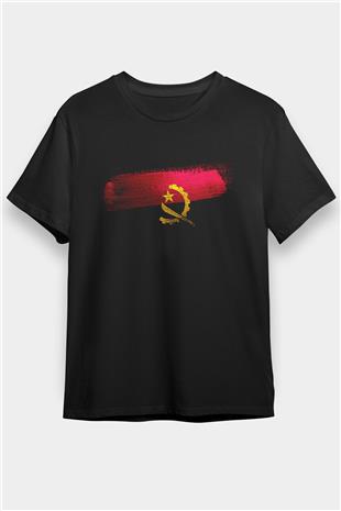Angola Bayrağı Baskılı Unisex Siyah Tişört
