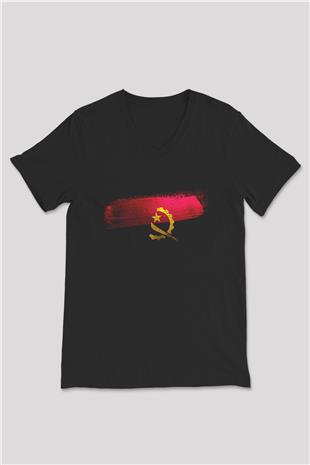 Angola Bayrağı Baskılı Unisex Siyah V Yaka Tişört
