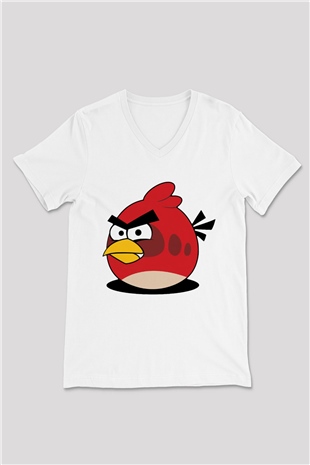 Angry Birds Beyaz Unisex V Yaka Tişört T-Shirt