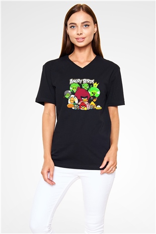 Angry Birds Siyah Unisex V Yaka Tişört T-Shirt