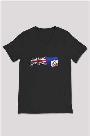 Anguilla Bayrağı Baskılı Unisex Siyah V Yaka Tişört