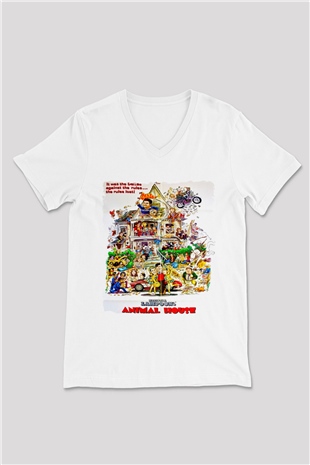 Animal House Beyaz Unisex  V Yaka Tişört