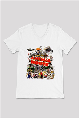 Animal House Beyaz Unisex  V Yaka Tişört
