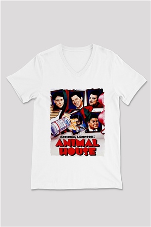 Animal House Beyaz Unisex  V Yaka Tişört