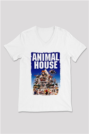 Animal House Beyaz Unisex  V Yaka Tişört