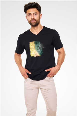 Animals as Leaders Baskılı Unisex Siyah V Yaka Tişört