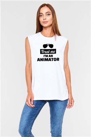 Animatör Beyaz Unisex Kolsuz Tişört