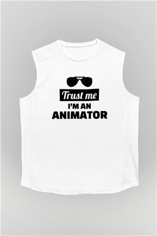 Animatör Beyaz Unisex Kolsuz Tişört