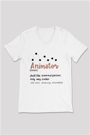 Animatör Beyaz Unisex V Yaka Tişört
