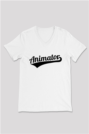 Animatör Beyaz Unisex V Yaka Tişört