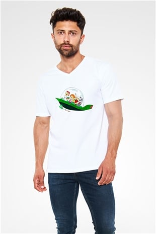 Animatör Beyaz Unisex V Yaka Tişört T-Shirt
