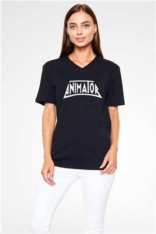 Animatör Siyah Unisex V Yaka Tişört T-Shirt