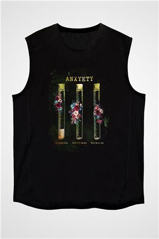 Anksiyete Formülü Hormonlar Baskılı Unisex Kolsuz Siyah Tişört - Tshirt