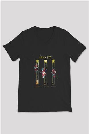 Anksiyete Formülü Hormonlar Baskılı Unisex V Yaka Siyah Tİşört - Tshirt