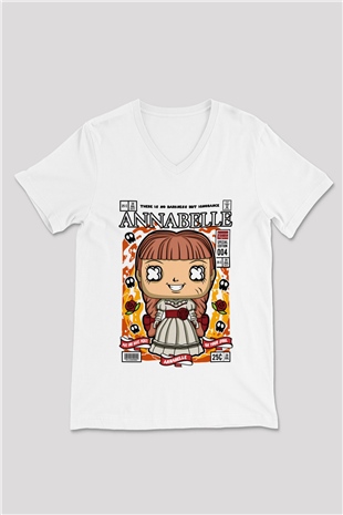 Annabelle Baskılı Unisex Beyaz V Yaka Tişört