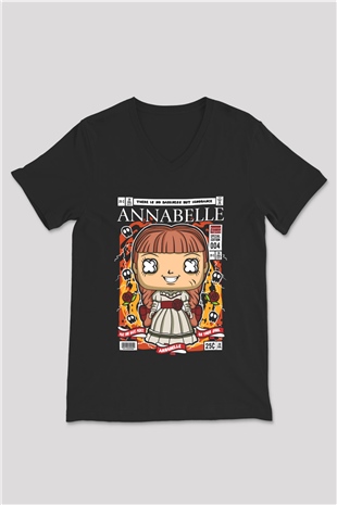 Annabelle Baskılı Unisex Siyah V Yaka Tişört