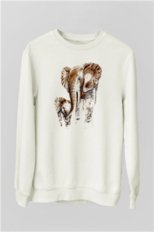 Anne Fil ve Yavrusu Baskılı Unisex Beyaz  Sweatshirt