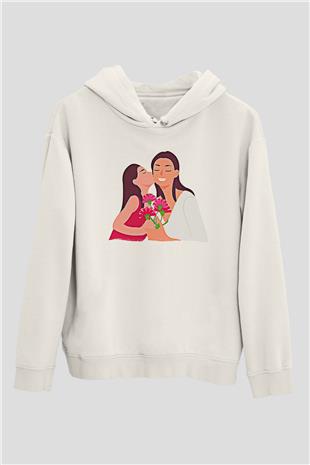 Anneler Günü Baskılı Beyaz Unisex Hoodie