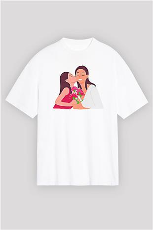 Anneler Günü Baskılı Beyaz Unisex Oversize Tişört - Tshirt