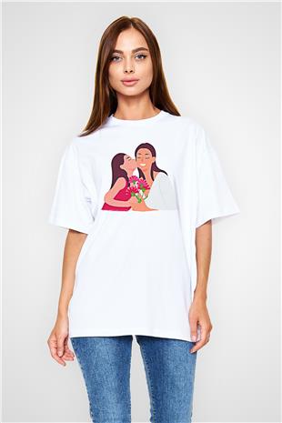 Anneler Günü Baskılı Beyaz Unisex Oversize Tişört - Tshirt