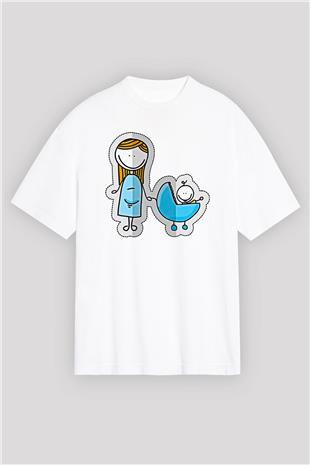 Anneler Günü Baskılı Beyaz Unisex Oversize Tişört - Tshirt