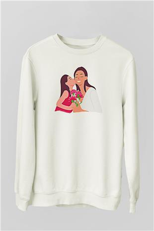 Anneler Günü Baskılı Beyaz Unisex Sweatshirt