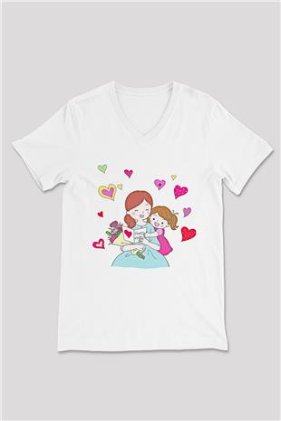 Anneler Günü Baskılı Beyaz Unisex V Yaka Tişört - Tshirt