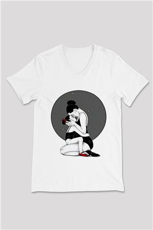 Anneler Günü Baskılı Beyaz Unisex V Yaka Tişört - Tshirt