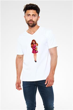 Anneler Günü Baskılı Beyaz Unisex V Yaka Tişört - Tshirt