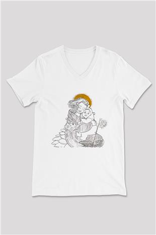 Anneler Günü Baskılı Beyaz Unisex V Yaka Tişört - Tshirt