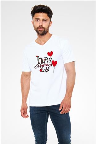 Anneler Günü Baskılı Beyaz Unisex V Yaka Tişört - Tshirt