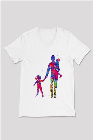 Anneler Günü Baskılı Beyaz Unisex V Yaka Tişört - Tshirt