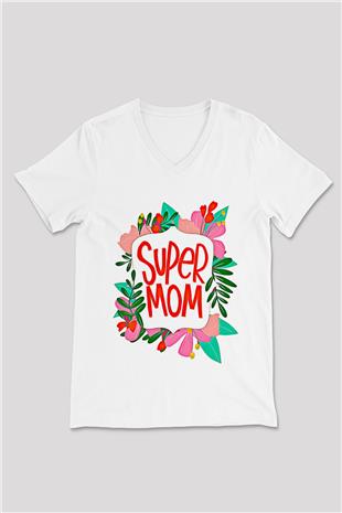 Anneler Günü Baskılı Beyaz Unisex V Yaka Tişört - Tshirt