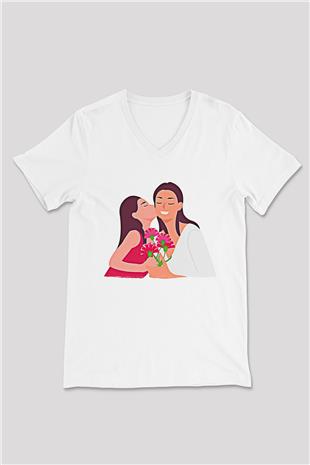 Anneler Günü Baskılı Beyaz Unisex V Yaka Tişört - Tshirt