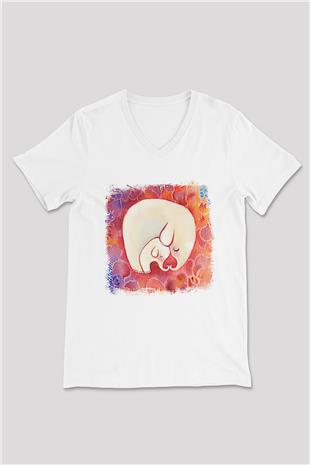 Anneler Günü Baskılı Beyaz Unisex V Yaka Tişört - Tshirt