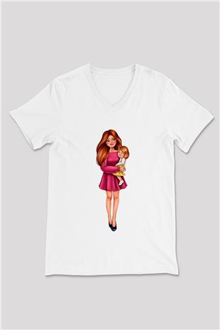 Anneler Günü Baskılı Beyaz Unisex V Yaka Tişört - Tshirt