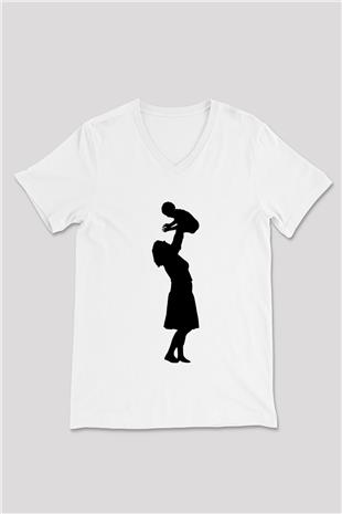 Anneler Günü Baskılı Beyaz Unisex V Yaka Tişört - Tshirt