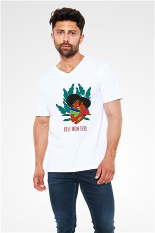 Anneler Günü Baskılı Beyaz Unisex V Yaka Tişört - Tshirt