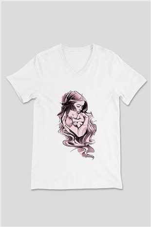 Anneler Günü Baskılı Beyaz Unisex V Yaka Tişört - Tshirt