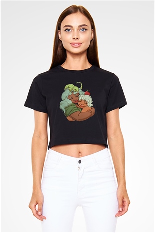 Anneler Günü Baskılı Siyah Crop Top Kadın Tişört - Tshirt