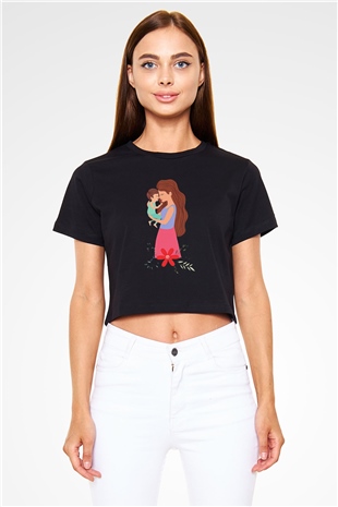 Anneler Günü Baskılı Siyah Crop Top Kadın Tişört - Tshirt