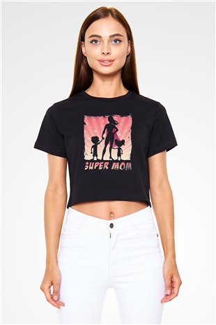 Anneler Günü Baskılı Siyah Crop Top Kadın Tişört - Tshirt