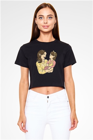 Anneler Günü Baskılı Siyah Crop Top Kadın Tişört - Tshirt