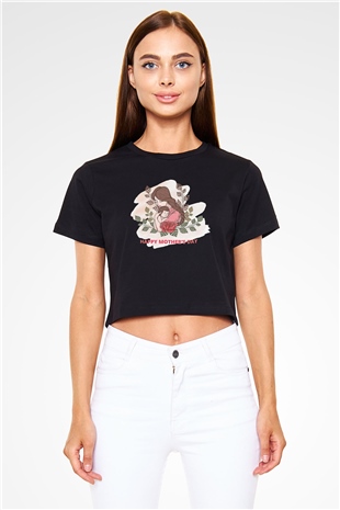 Anneler Günü Baskılı Siyah Crop Top Kadın Tişört - Tshirt