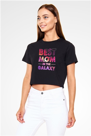 Anneler Günü Baskılı Siyah Crop Top Kadın Tişört - Tshirt