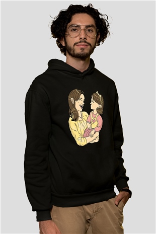 Anneler Günü Baskılı Unisex Siyah Hoodie