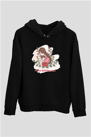 Anneler Günü Baskılı Unisex Siyah Hoodie