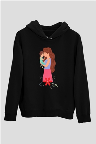 Anneler Günü Baskılı Unisex Siyah Hoodie