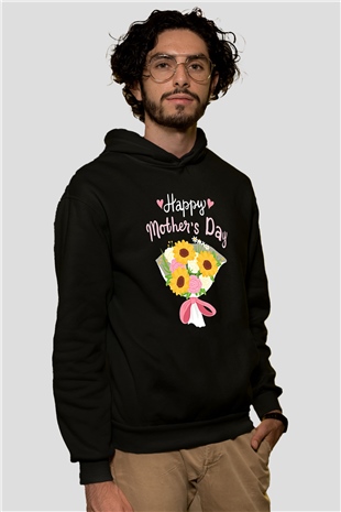 Anneler Günü Baskılı Unisex Siyah Hoodie