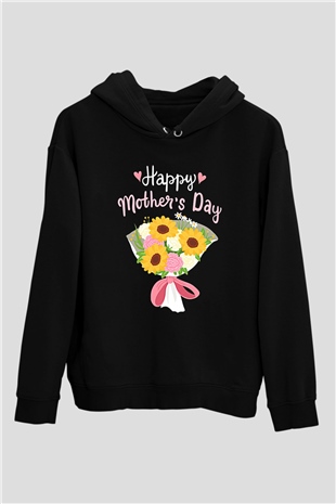 Anneler Günü Baskılı Unisex Siyah Hoodie